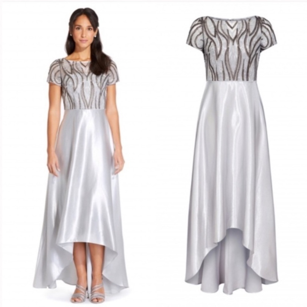 NWT Adrianna Papell Silver Sequin Satin High Low Mother of the Bride Gown 10